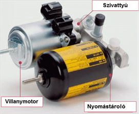 villanymotorral hajtott fékfolyadék szivattyú és nyomástároló.