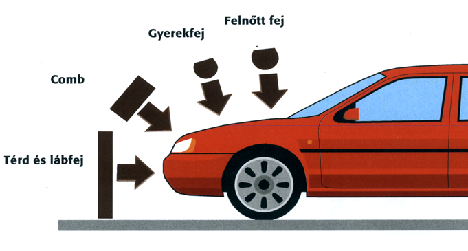 Az elgázolt gyalogos testrészeinek felütközése a gépkocsira 40 km/h sebességnél