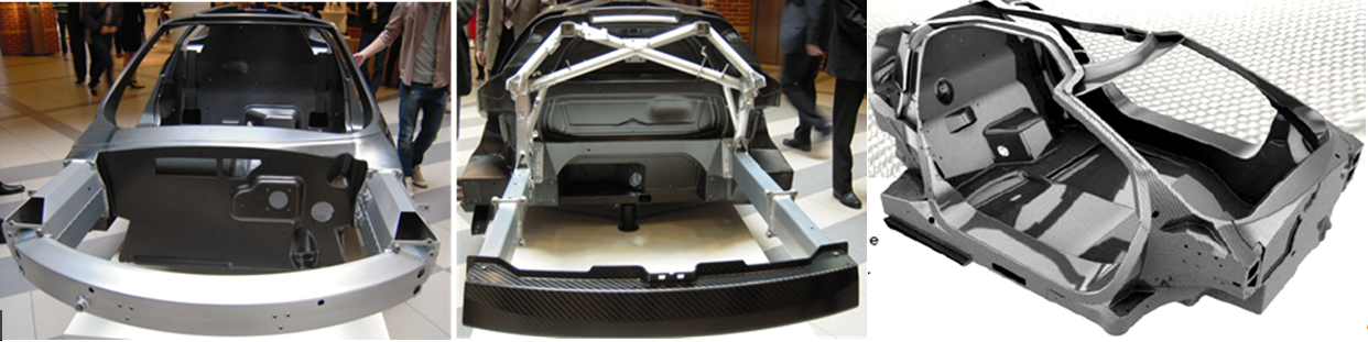 VW XL1 utastere szénszál erősítésű műanyagból, az első és a hátsó vázrész pedig alumíniumból készül.