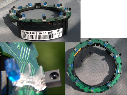 Mercedes gépkocsinál alkalmazott opto-kapus kormánykerék elfordítás érzékelő, melynél speciális diódákat alkalmaznak.