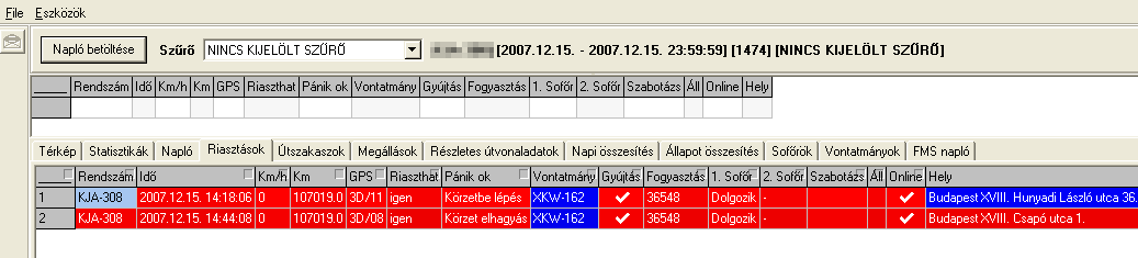 Example alarm log