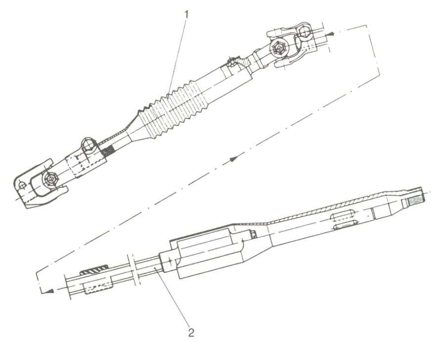 A Volvo gépkocsikhoz rendszeresített kéttagú csőtengely. A felső tag (2) csőrészei egymásba csúszhatnak, az alsó tag (1) gégecsöves, bordás tengelye maradandóan összenyomódhat.