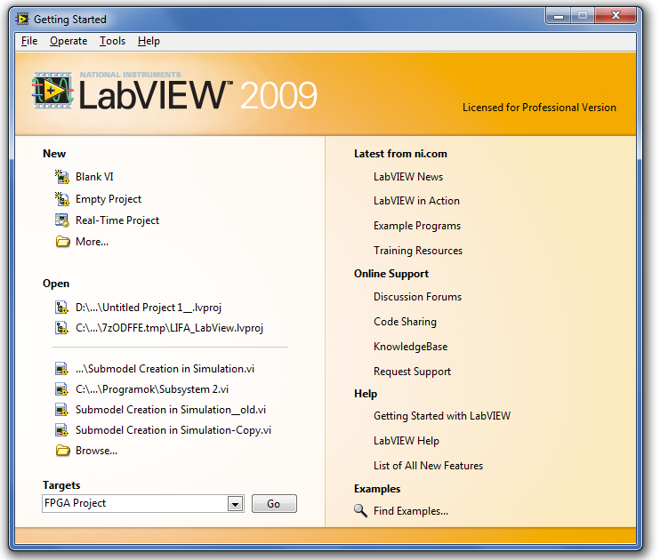 A LabVIEW képernyője az indítás után