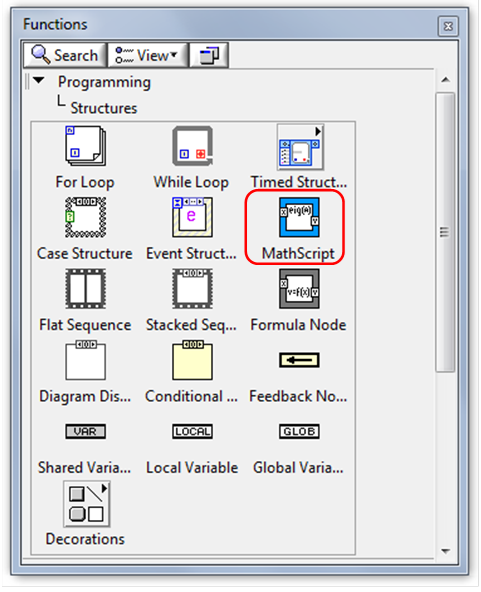 A MathScript blokk elérhetősége a LabVIEW programban (1)