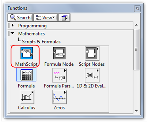 A MathScript blokk elérhetősége a LabVIEW programban (2)