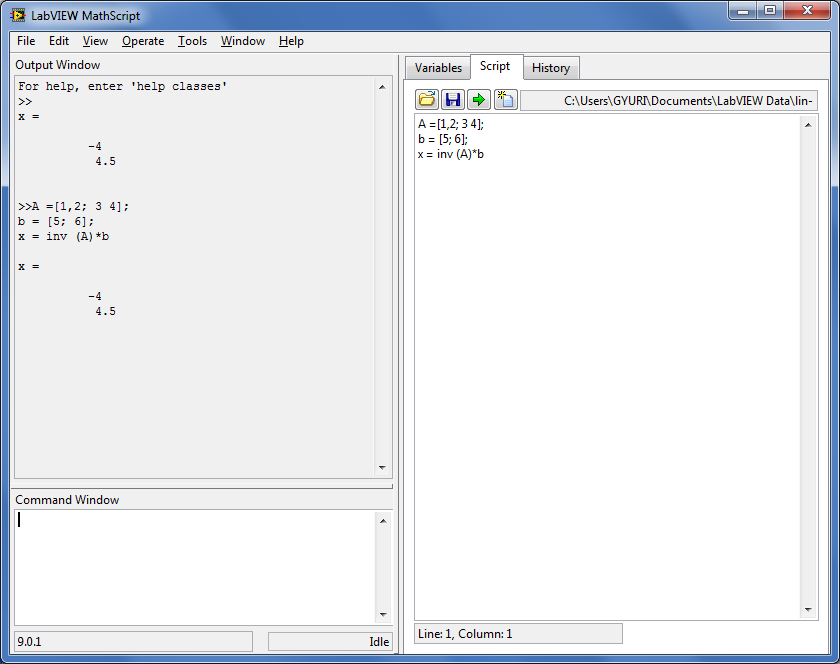 LabVIEW MathScript fájl létrehozása (az eredmény)