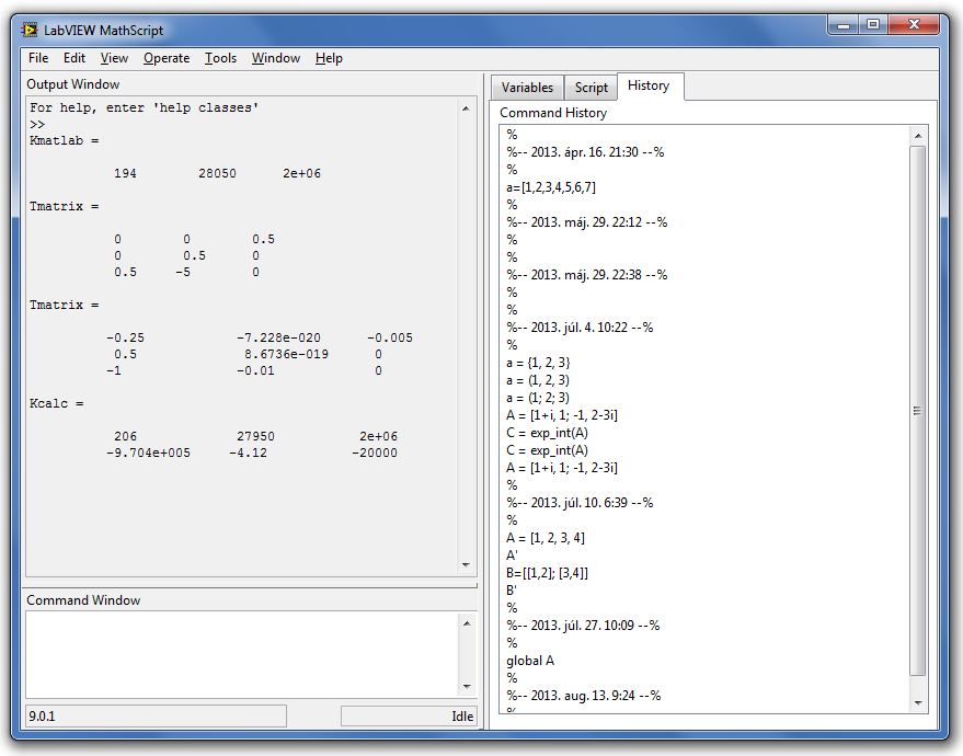 A MathScript program korábbi utasítások ablaka (HIstory)