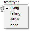 Az Integrator (Idő szerinti integrálás függvény) reset type (újraindítás típusa) paraméterének értékei