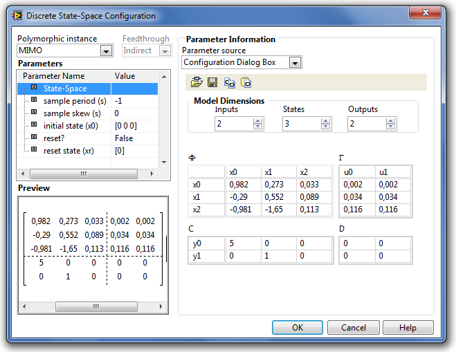 MIMO Discrete State-Space (Mintavételes állapottér modell) paraméter-beállító ablaka