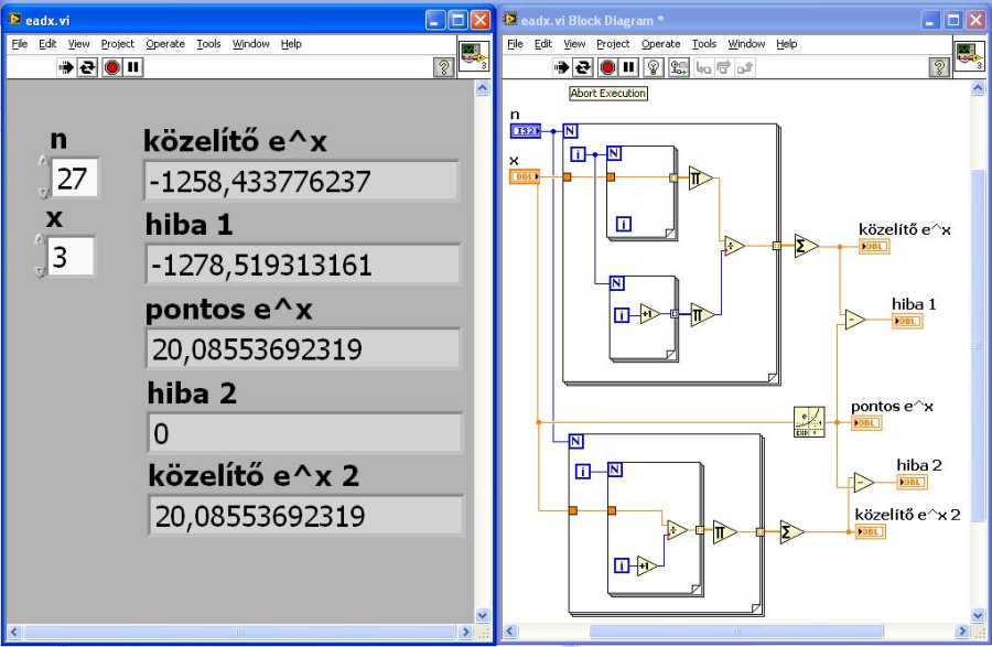 Az ex-et kétféleképpen számoló LabVIEW program