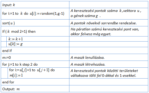 A maszkelőállító algoritmus (K pontos keresztezés)