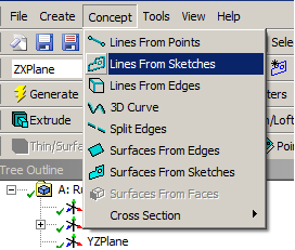 ANSYS WB Design Modeler moduljában a vonal testté alakításhoz használatos menüpont elérése