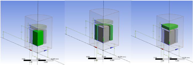 A geometriai modell alkotói. Balról jobbra haladva: belső vasmag, tekercs, felső vasmag.